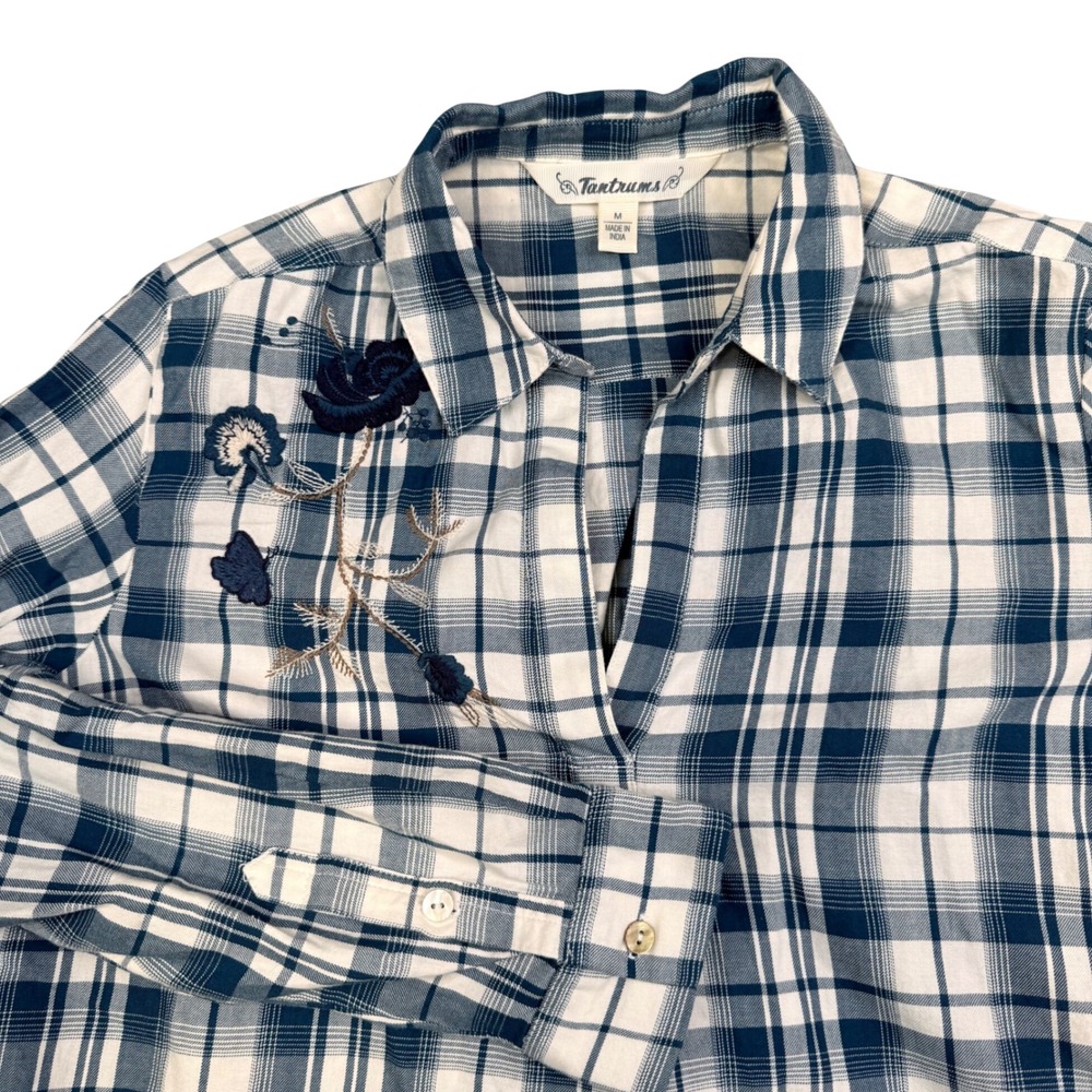 Vtg Plaid Floral Embroidered Cotton Tunic Top Size M Tantrums Womens Blue White‎